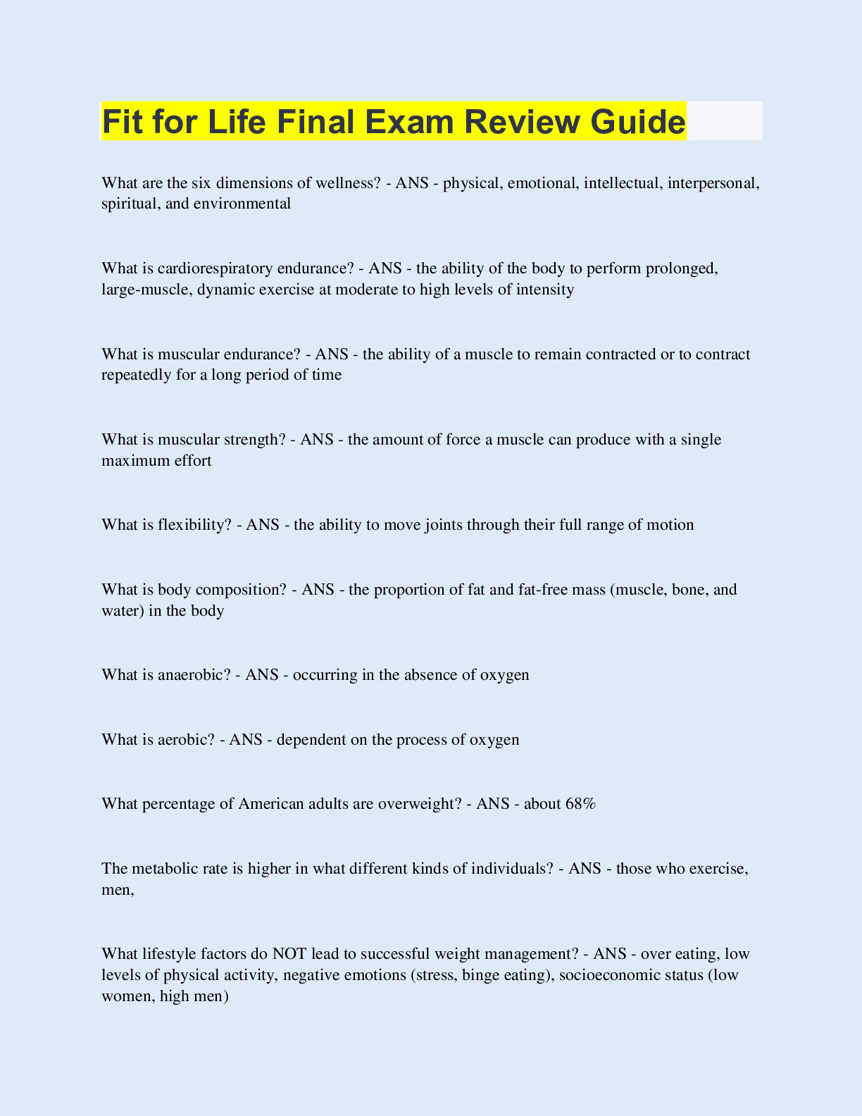 Preview image for Fit for Life Final Exam Review Guide | 60 Questions with 100% Correct Answers | Updated & Verified